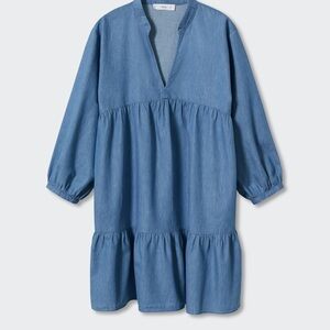 MANGO ruffle flowy lyocell dress. Medium Blue, Size 10.
